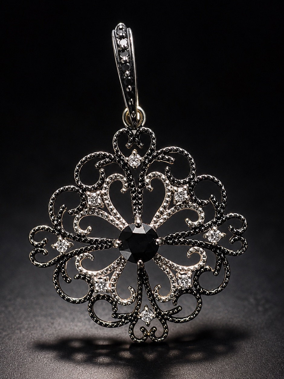 18k Wg 0.33natural Black Diamond W/ 0.08 Natural Diamond Filigree Pendant
